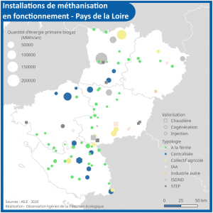 Localisation des installations de méthanisations en fonctionnement en Pays de la Loire en 2020