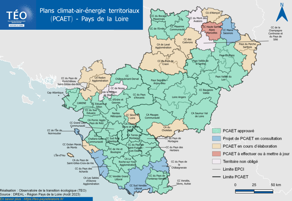 Plans Climat-Air-Energie Territoriaux (PCAET) présents en Pays de la Loire en 2023 et état de mise à jour