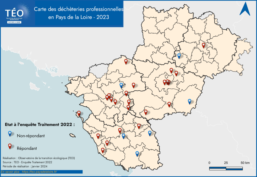 Carte des déchèteries professionnelles en Pays de la Loire (réalisation observatoire TEO)