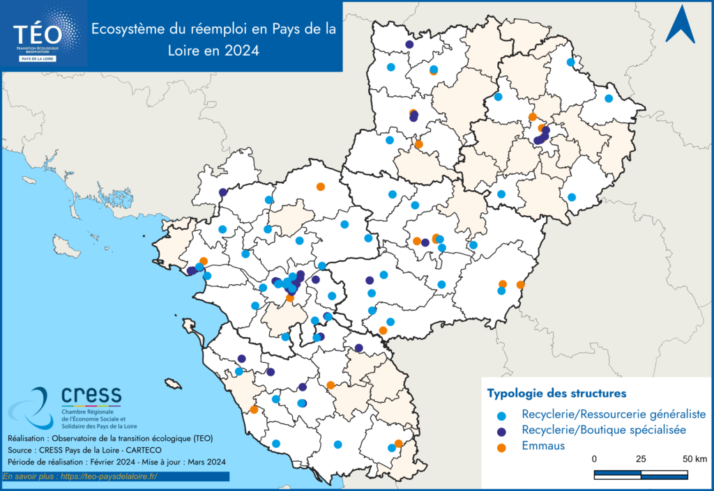 Carte de l'écosystème du réemploi en Pays de la Loire en 2024 (Recyclerie généraliste, spécialisée et Emmaus) - CRESS Pays de la Loire / TEO