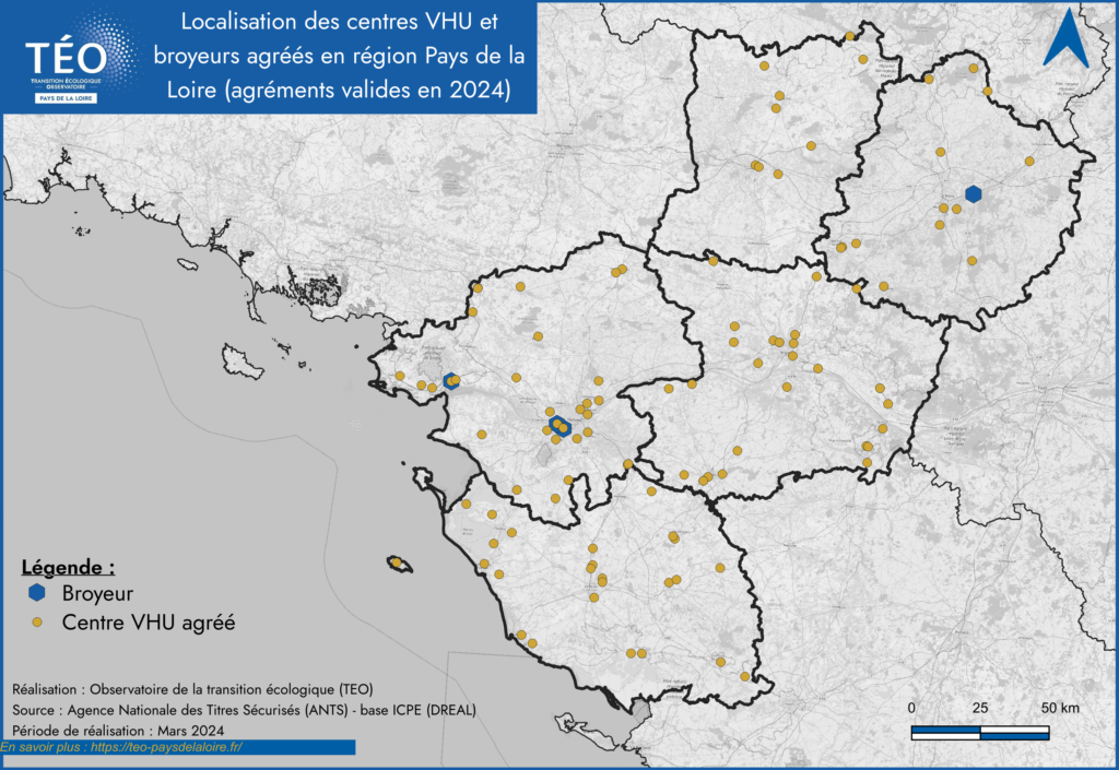 Localisation des centres véhicules hors d'usage (VHU) et broyeurs en Pays de la Loire en 2024 TEO