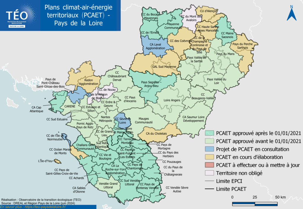 Carte de l'avancement des PCAET en Pays de la Loire au 13 juin 2024