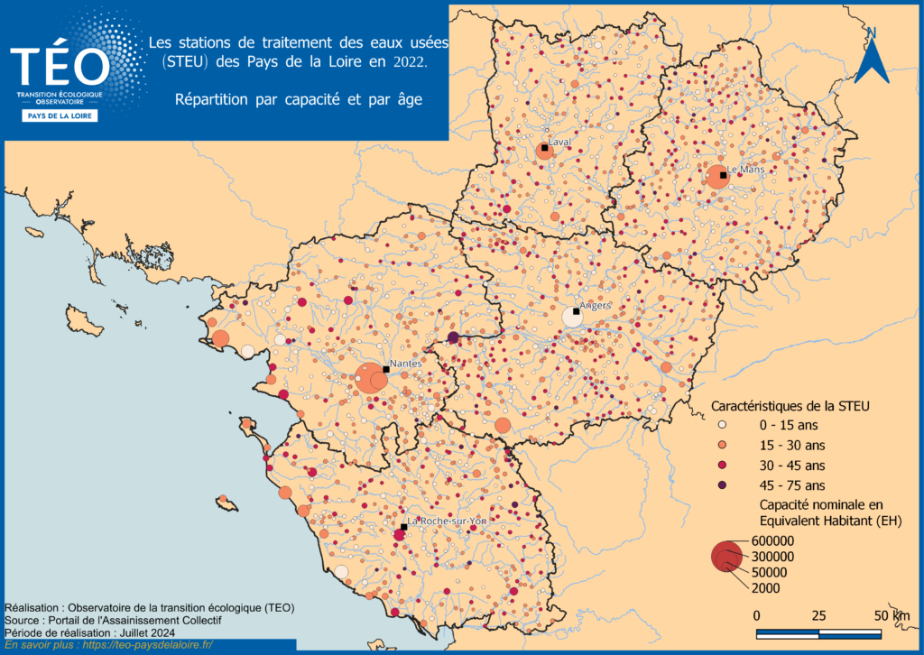 Stations de traitement des eaux usées (stations d'épuration) par capacité et age en 2022 en Pays de la Loire