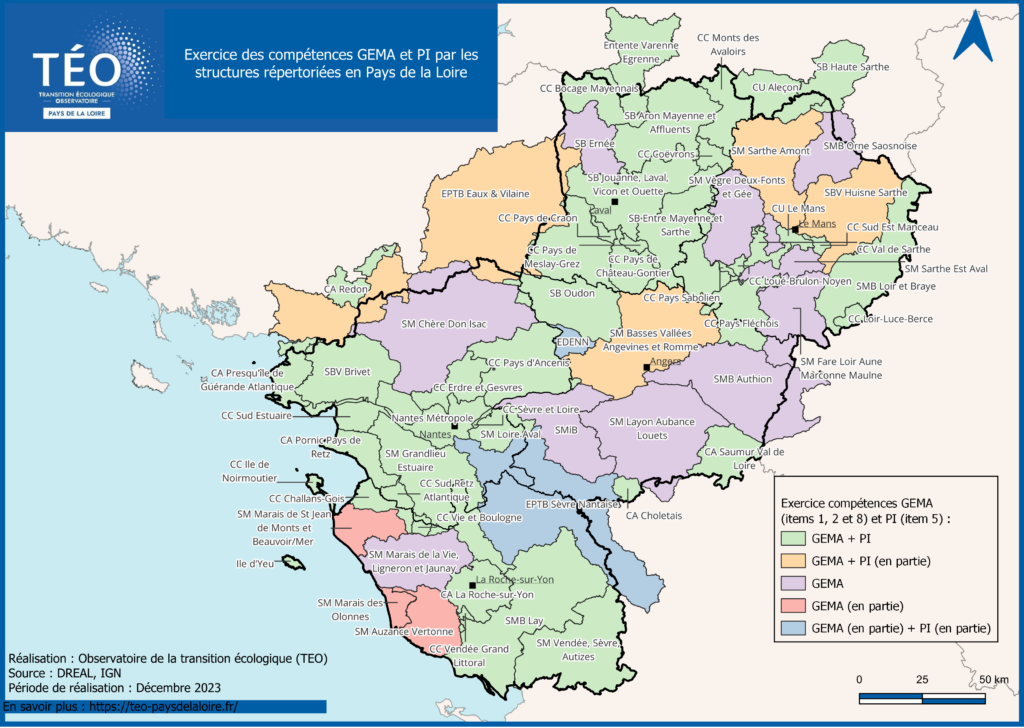 Cartographie des structures porteuses de la GEMAPI selon leur domaine de compétence (GEMA ou PI) en Pays de la Loire