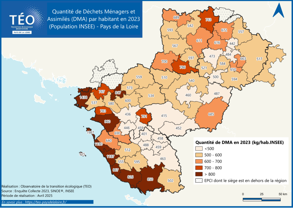 Cartographie du ratio de Déchets Ménagers et Assimilés collectés en Pays de la Loire en 2023 selon la population INSEE