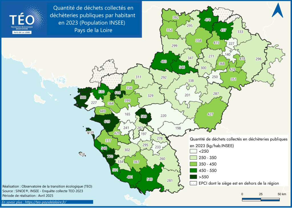 Cartographie des quantité de déchets collectés en déchèteries par habitant (population INSEE) - TEO Pays de la Loire 2023