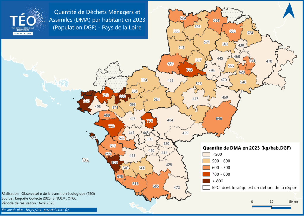 Cartographie du ratio de Déchets Ménagers et Assimilés collectés en Pays de la Loire en 2023 selon la population INSEE