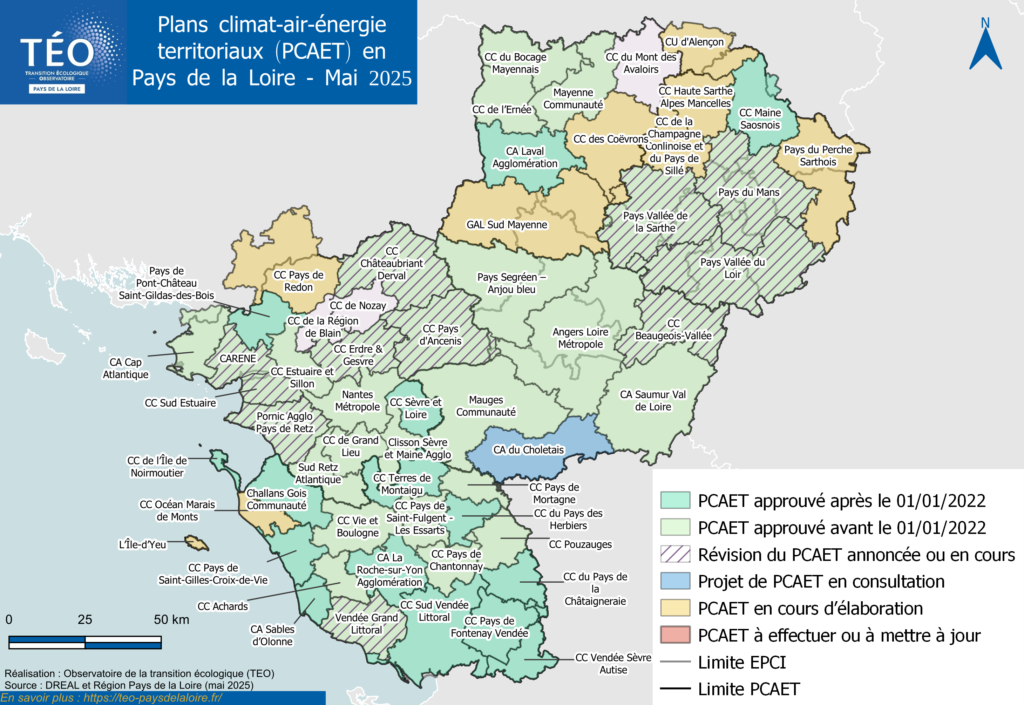 Suivi des Plans Climat-Air-Energie Territoriaux (PCAET) en Pays de la Loire au mois de mai 2025 par l'Observatoire TEO