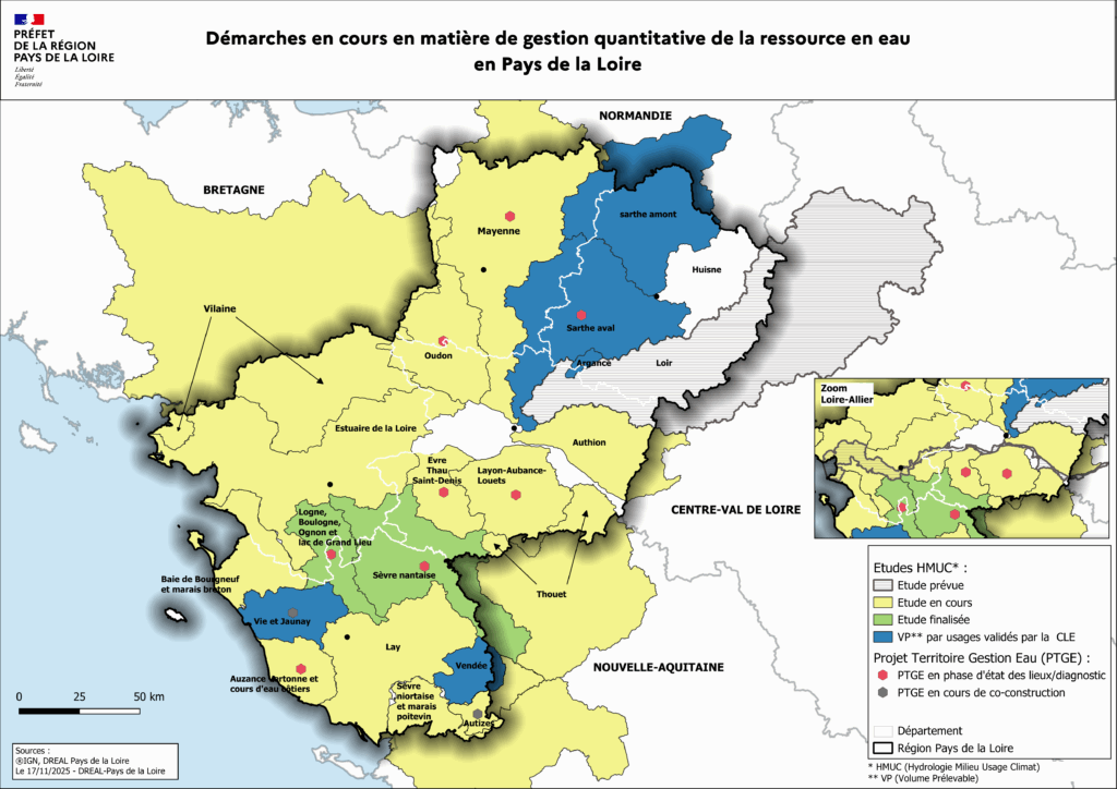 carte de l'état d'avacement des études HMUC (Hydrologie Milieux Usage Climat) en Pays de la Loire