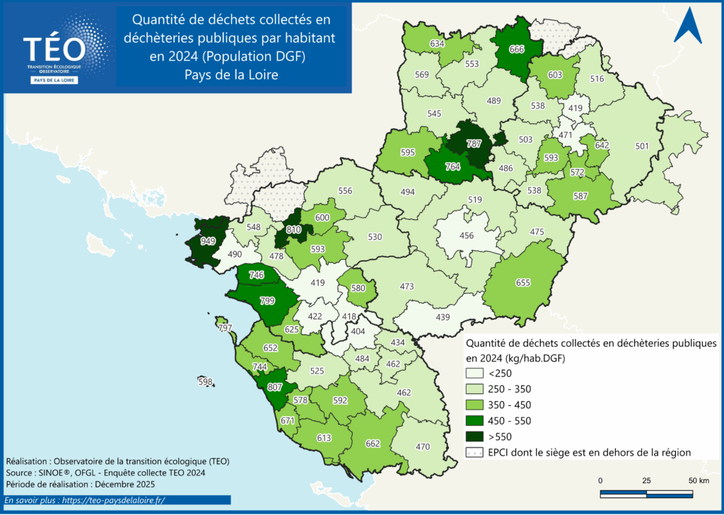 Quantité de déchets collectés en déchèteries par habitant (DGF) en 2024 - TEO Pays de la Loire