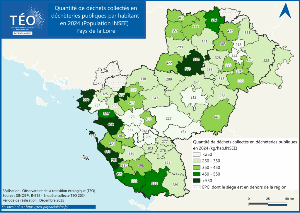 Quantité de déchets collectés en déchèteries par habitant (INSEE) en 2024 - TEO Pays de la Loire