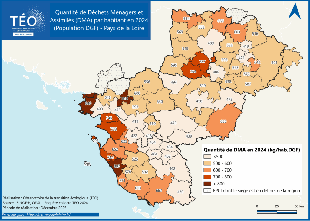 Quantité de DMA collectés par habitant (DGF) en 2024 - TEO Pays de la Loire