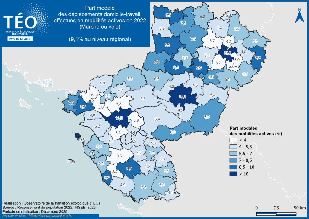 Part modale des déplacements domicile-travail effectués en mobilités actives (marche et vélo) en 2022 d'après l'INSEE en Pays de la Loire - Observatoire TEO