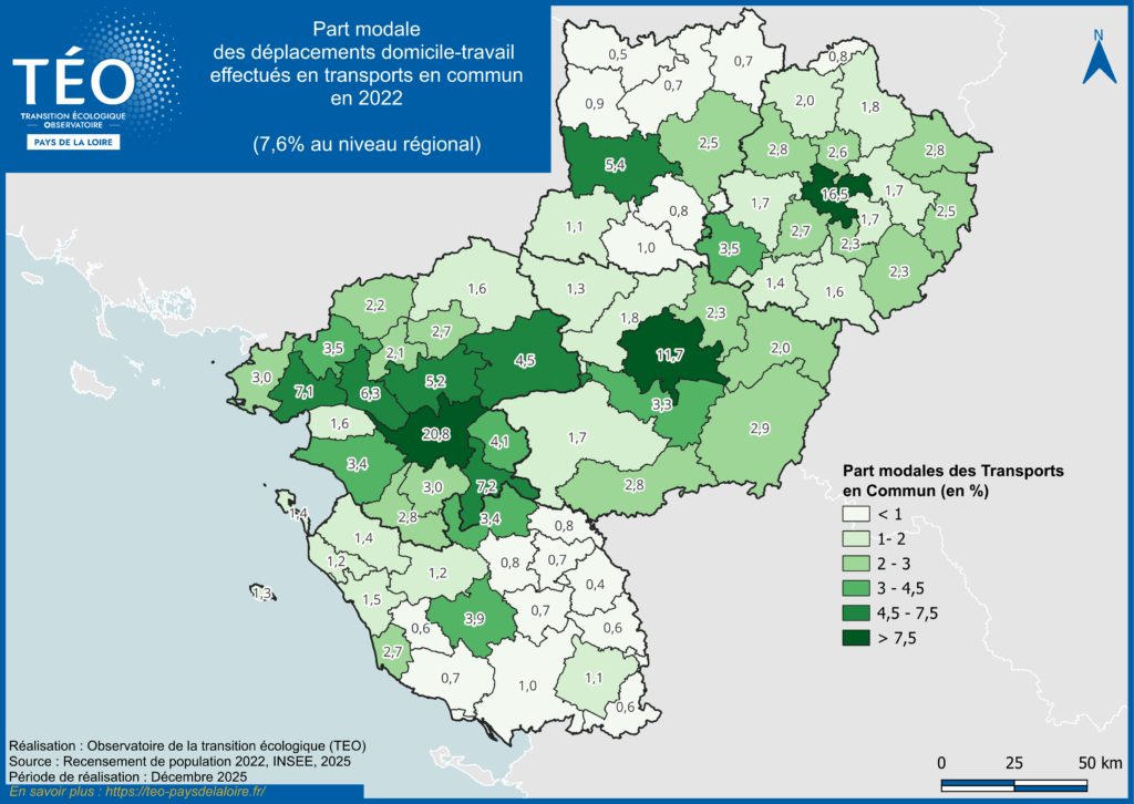 Part modale des déplacements domicile-travail effectués en transports en commun en 2022 d'après l'INSEE en Pays de la Loire - Observatoire TEO