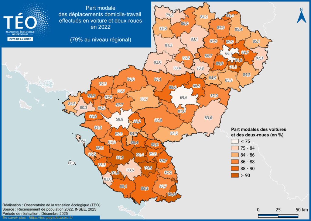 Part modale des déplacements domicile-travail effectués en voiture et deux-roues en 2022 d'après l'INSEE en Pays de la Loire - Observatoire TEO